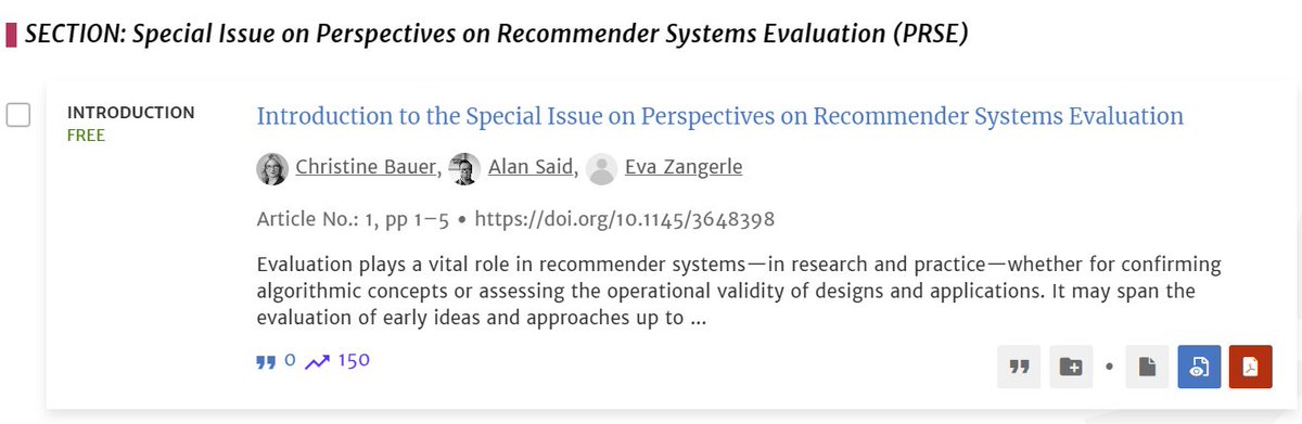 The #ACM_TORS special Issue on #RecSys #Evaluation is out, edited by @christine_bauer, @alansaid and @eva_zangerle. It features 10 must-read articles on many exciting aspects of recsys evaluation. dl.acm.org/toc/tors/2024/…