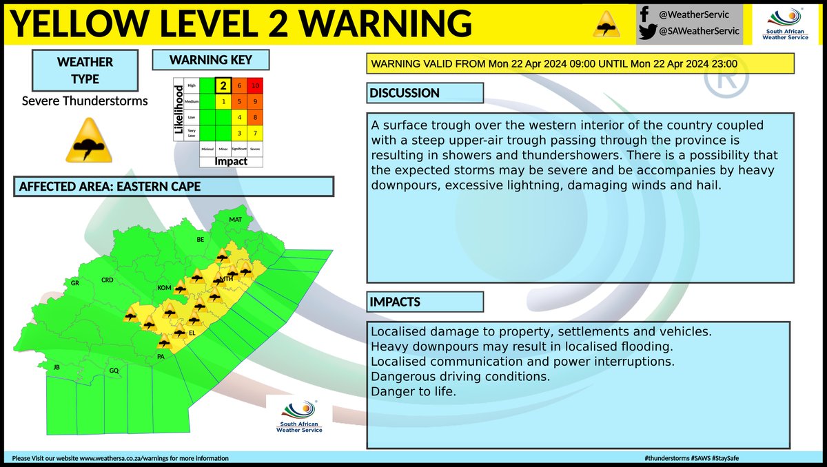 ⚠️Yellow level 2 warning: Severe Thunderstorms
Affected area: Eastern Cape 
Validity: 22-04-2024, from 09:00 SAST to 23:00 SAST
#saws 
#weatherupdate 
#southafricanweather 
#earlywarning