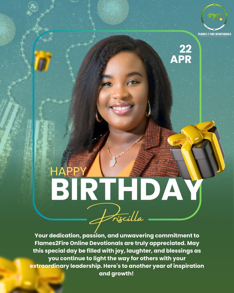Today, we honour and celebrate our Pastor, Sister and Friend,  Pastor Priscilla Adebayo <a href="/profprisky/">Priscilla Adebayo</a>

We celebrate a woman whose commitment and dedication to Flames2Fire Devotionals have been invaluable.

We love you! and God bless you. 

#f2fonlinedev  #HappyBirthday #bbtvi