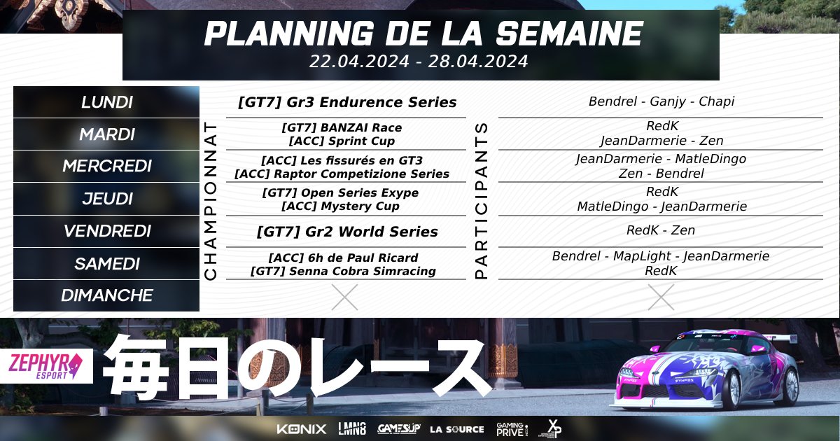 Zephyr_E_Sport's tweet photo. 🐙[#SimRacing]🐙

Cette semaine, un bon mix ACC et GT7 avec tous les championnats en cours ainsi qu'une endurance sur Paul Ricard ! 🤩

Rendez-vous sur notre page Facebook les soirs de courses afin de connaître le lieu de diffusion ! 😇

#GoZEPHYR https://t.co/v1OKZPw32B
