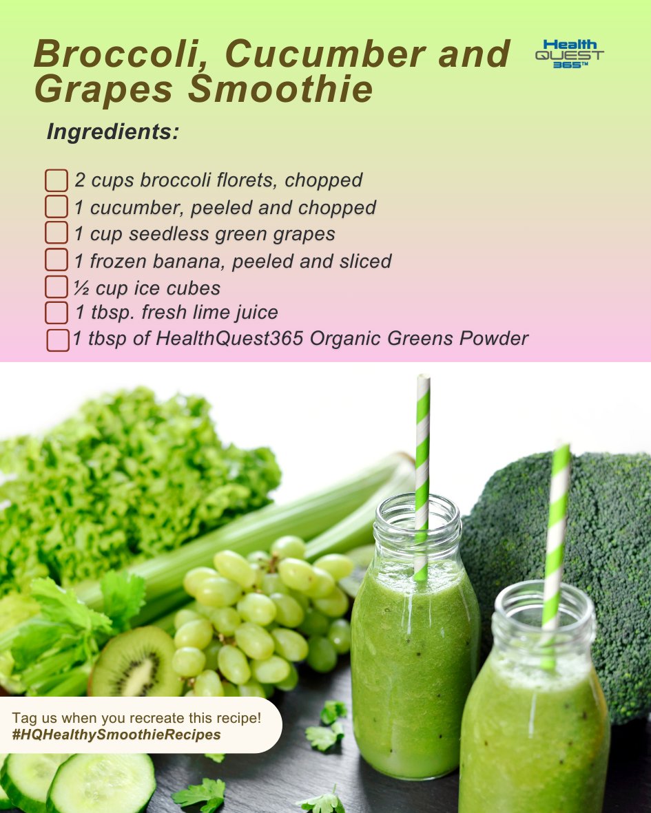 Introducing our Broccoli, Cucumber, and Grapes Smoothie – a refreshing blend that's as nourishing as it is delicious. 🌱

#healthquest365 #diet #wellness #fitness #nutrition #healthyliving #organic #longevity #diseaseprevention #organicfood #greens #weightloss #fresh #blog