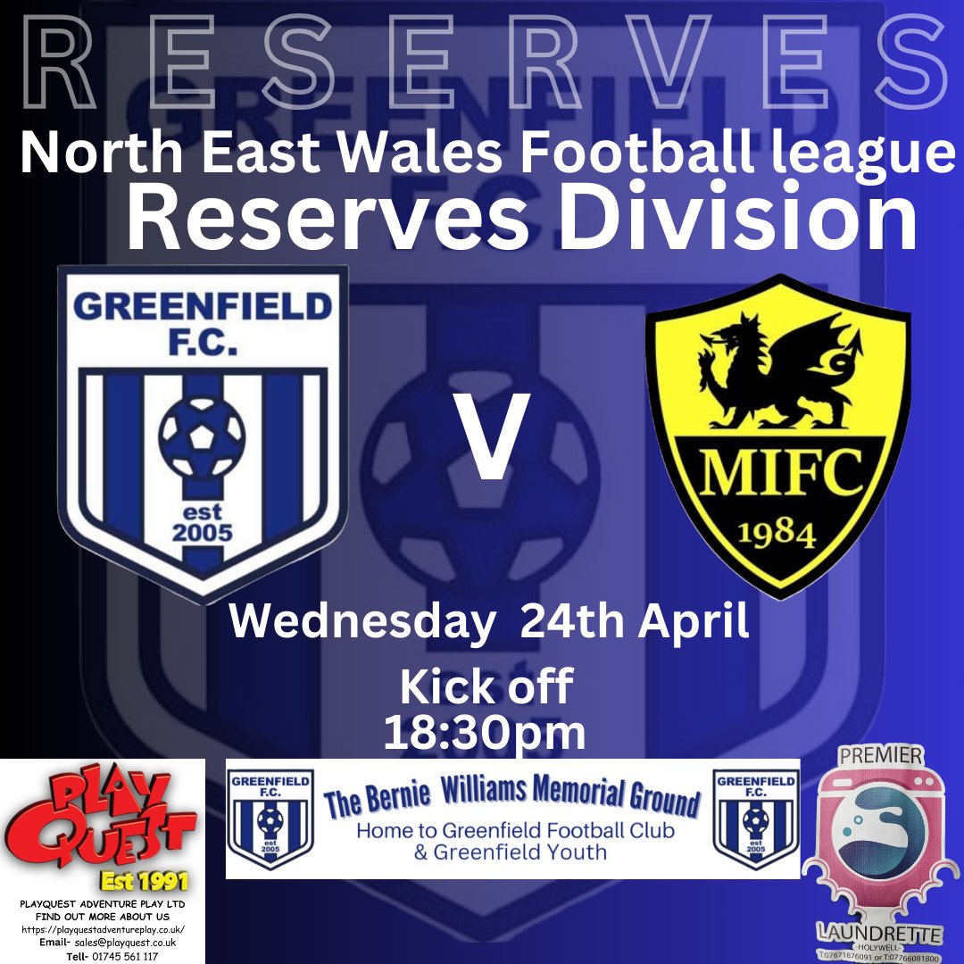 ‼️COMING UP‼️ Tuesday evening sees @Greenfieldfc First Team travel to Wepre Park to face Connahs Quay Town FC , Then, on Wednesday evening the Reserves host Mynydd Isa Reserves at the Bernie Williams Memorial Ground in their final game of the season