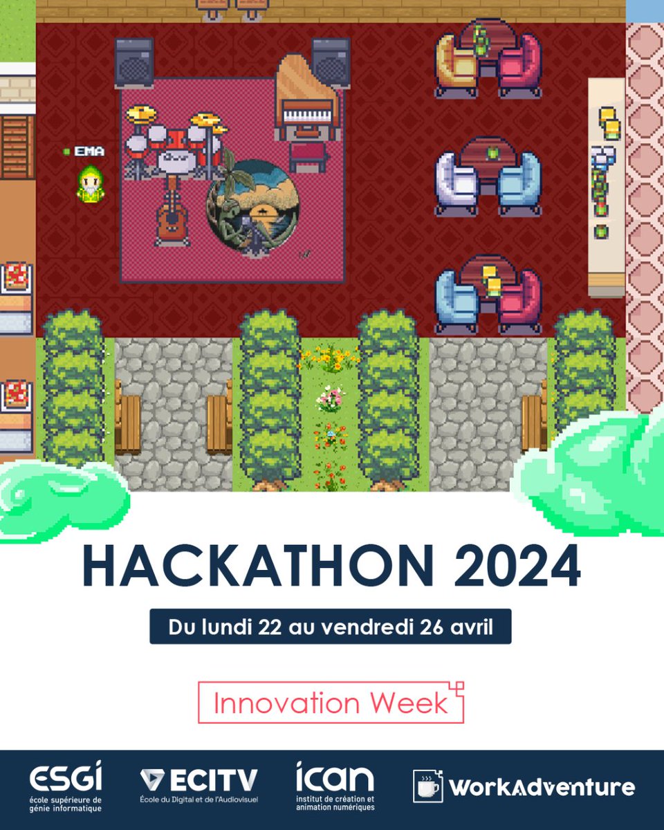 Du 22 au 26 avril se déroulera le nouveau hackathon "Innovation Week" avec la participation d'étudiant.e.s de l'ESGI, de l'ICAN et de l'ECITV avec pour client <a href="/Workadventure_/">WorkAdventure ☕️</a> 

#esgisquad #esgi #informatique #workadventure #hackathon