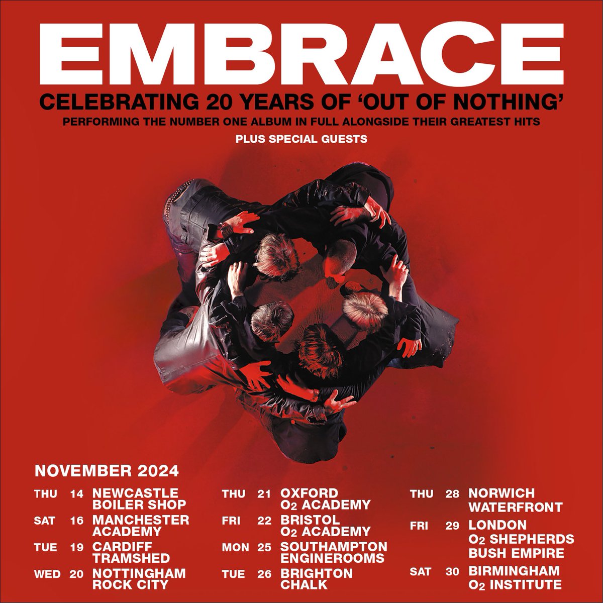 *NEW SHOW* Following a packed show last year, the legendary @embrace head back our way on Thursday 14 November to celebrate 20 years of the double-platinum, ‘Out Of Nothing’. Set your alarms for 9am on Friday 26 April - this one will sell fast: bit.ly/3W4grPB