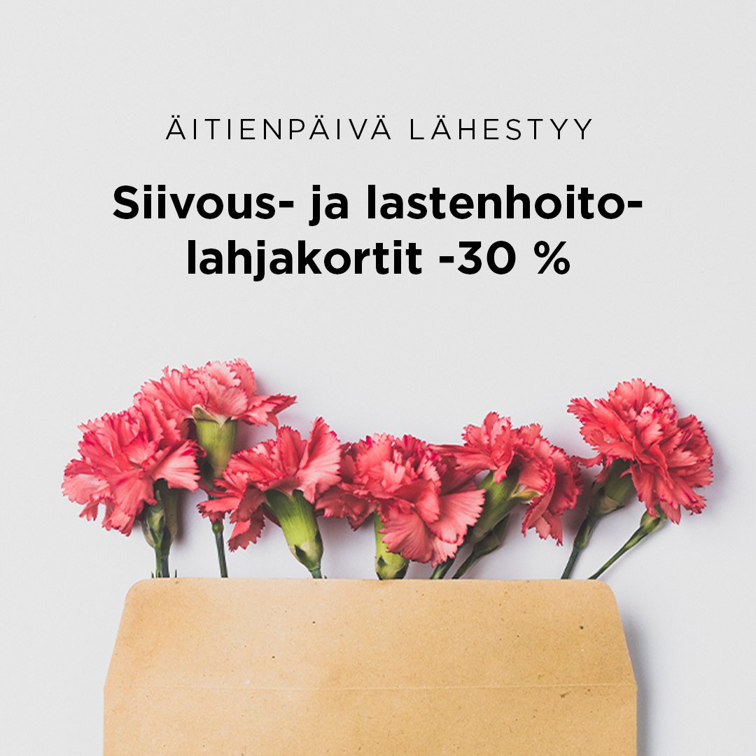 ONNIn siivous- ja lastenhoitolahjakortit nyt 30 % alennuksessa verkkokaupassa! 🎁 Yllätä äiti, isoäiti tai äitihahmo äitienpäivänä ja anna lahjaksi omaa aikaa❤️onnion.fi/lahjakortti #äitienpäivälahja #aineetonlahja