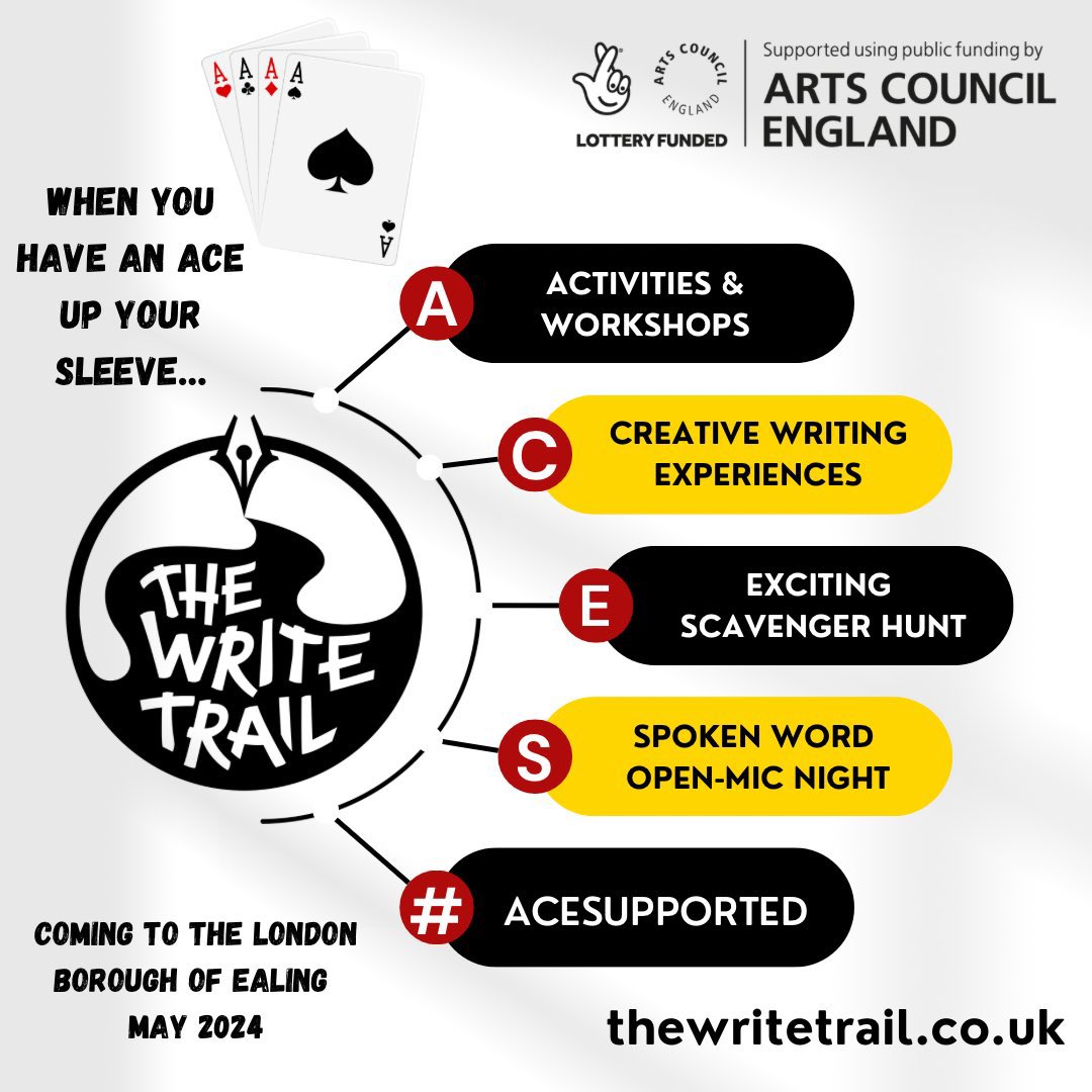📣Spread The Word📣

T H E  W R I T E  T R A I L launches next week!

📆01-31 May 2024
📍Online+ #LondonBorough of #Ealing
💻 thewritetrail.co.uk 

ONLY made possible with funding from @ace_national 💛

@Victori90018860 @DrHelenKara 

#ACESupported #LetsCreate #CreativeHealth