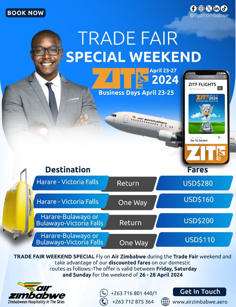 Special Flights during #ZITF week! Travel to #VictoriaFalls via #Bulawayo from #Harare with Air Zimbabwe, and experience convenience during this ZITF week. For bookings, contact our reservations office on +263716801440/1 or visit our website at airzimbabwe.aero