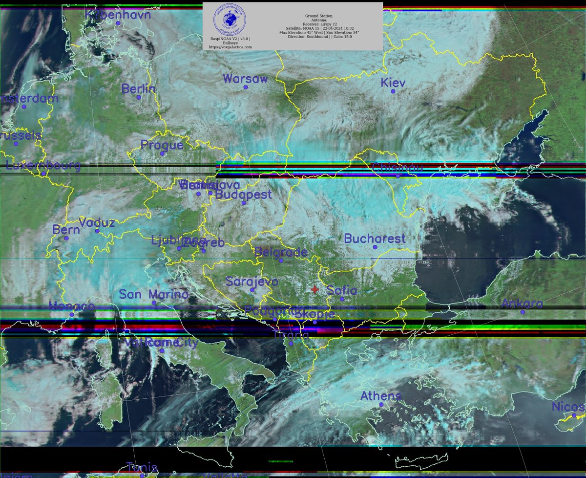 🇷🇸 METEOR-M2 3 22-04-2024 10:13 CEST Max Elev: 82° W Sun Elevation: 47° Gain: 15.0 | Southbound #NOAA #NOAA15 #NOAA18 #NOAA19 #MeteorM2_3 #MeteorM2_4 #weather #weathersats #APT #LRPT #wxtoimg #MeteorDemod #rtlsdr #gpredict #raspberrypi #RN2 #ISS