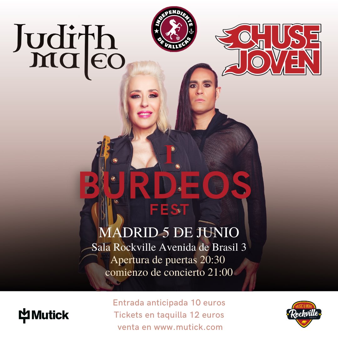 🔥 5 de Junio MADRID en Sala Rockville !!! Judith Mateo y @ChuseJoven vuelven a subirse a un escenario madrileño para presentar sus últimos lanzamientos en el primer “Burdeos Fest”, festival en apoyo al club de futbol popular @CDIVallecas No dudes en sacar tus entradas en