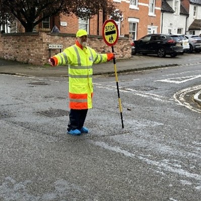 Blue suede Shoes! Chris, Patrol for St Gregory’s, Stratford isn’t wearing blue suede shoes, but plastic shoe protectors*. He said he felt a bit silly but when his shift started, it was bucketing down. No-one likes soggy feet! *Note: these are not statutory uniform requirements.