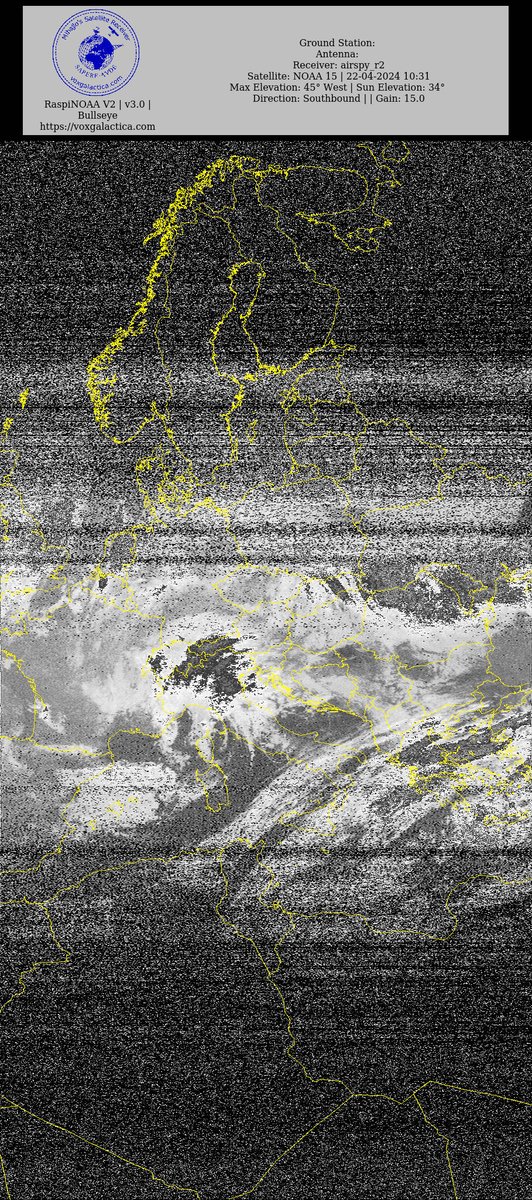 🇷🇸 NOAA 15 22-04-2024 08:54 CEST Max Elev: 45° W Sun Elevation: 34° Gain: 15.0 | Southbound #NOAA #NOAA15 #NOAA18 #NOAA19 #MeteorM2_3 #MeteorM2_4 #weather #weathersats #APT #LRPT #wxtoimg #MeteorDemod #rtlsdr #gpredict #raspberrypi #RN2 #ISS