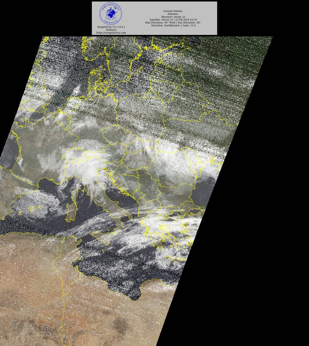 🇷🇸 NOAA 15 22-04-2024 08:54 CEST Max Elev: 45° W Sun Elevation: 34° Gain: 15.0 | Southbound #NOAA #NOAA15 #NOAA18 #NOAA19 #MeteorM2_3 #MeteorM2_4 #weather #weathersats #APT #LRPT #wxtoimg #MeteorDemod #rtlsdr #gpredict #raspberrypi #RN2 #ISS