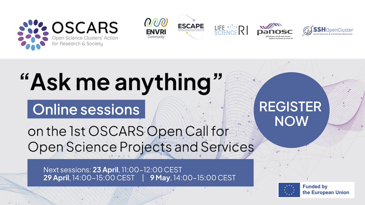 The next 'Ask me anything' online session to ask questions about the OSCARS Open Call for #OpenScience projects & services, is happening tomorrow, 23 April 2024, 11:00-12:00 CEST, w/ representatives from @ESCAPE_EU @Panosc_eu @SSHOpenCloud Register here: indico.in2p3.fr/event/32811/re…