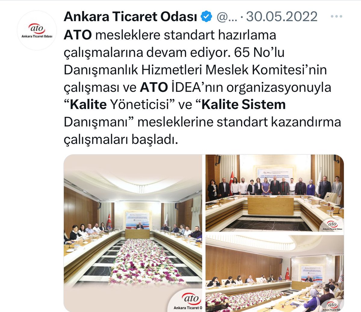 ATO 65. Komite Danışmanlık Hizmetleri Meslek Komitesi ve ilgili sektör temsilcileriyle Mayıs 2022’de başladığımız Kalite Sistem Danışmanlığı meslek standartları çalışmamızda sona yaklaştık. "Kalite Sistem Danışmanı Ulusal Meslek Standardı Taslağı" görüşe açıldı.<a href="/GurselBaran/">Gürsel Baran</a>