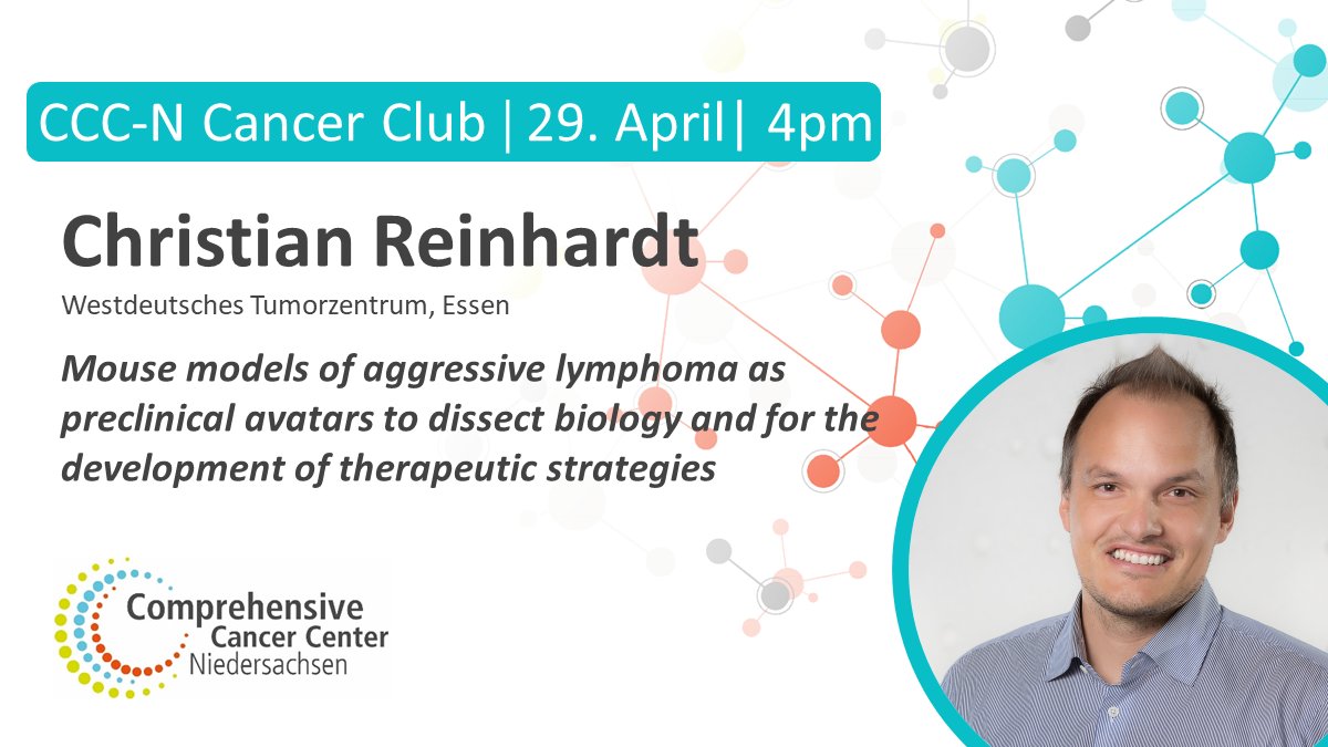 📢 Join the CCC-N #CancerClub! This time we are pleased to welcome @chr_reinhardt from @UniklinikEssen to learn more about aggressive #lymphomas and the development of new therapeutic strategies. ⏰ April 29, 4 pm ➡️ ccc-niedersachsen.eu/news-detail/ne… #TranslationalResearch #CancerTherapy