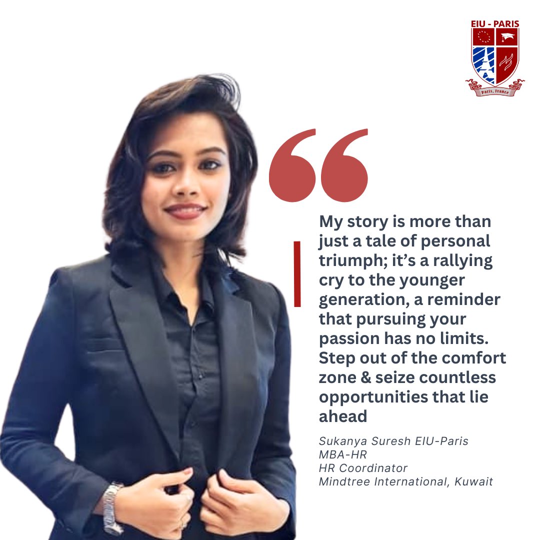 PARIS_EIU's tweet photo. Sukanya’s journey from being a civil engineer to becoming a seasoned HR Professional is much more than just a career change!
Read more about her journey,
➡️ https://t.co/j927Rne0je
#mba #hr #europe #kuwait #women #business
#eiuparis #transoform #humanresourse #hr #coordinator https://t.co/fdI0thTd5j