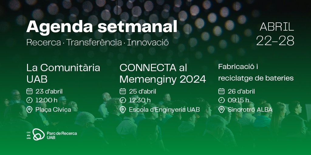 Venim amb una setmana plena! 🌹Per #SantJordi, serem a la Comunitària UAB amb @UABempren! 🔗Dijous, de 12:30 a 14, a la jornada CONNECTA - #matchmaking i #prototyping de @Memenginyuab 🔌Divendres, al @ALBAsynchrotron, investigació industrial de fabricació i reciclatge de bateries