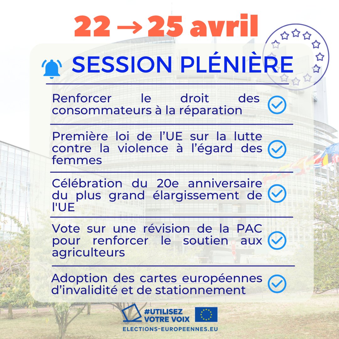 Du 22 au 25 avril, le @Europarl_FR siège en session plénière. 🇪🇺 Retrouvez toute l'actualité de la session ➡️ europarl.europa.eu/portal/fr 🗓️🗳️ 9 juin ‼️ Retrouvez la plateforme dédiée ➡️ elections-europeennes.eu #utilisezvotrevoix #Europeennes2024 #ue2024