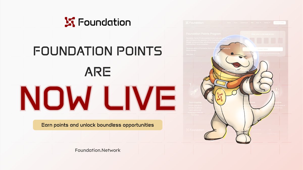 foundation_nw's tweet photo. 🚀FOUNDATION POINTS ARE NOW LIVE!

https://t.co/geRBMadzm3 

You now can begin earning points by completing featured quests to be eligible for future airdrops and unlock exclusive benefits from Foundation
 
Drop by our docs for more details: https://t.co/wtKiPAxNsV

#Foundation #FoundationPoints