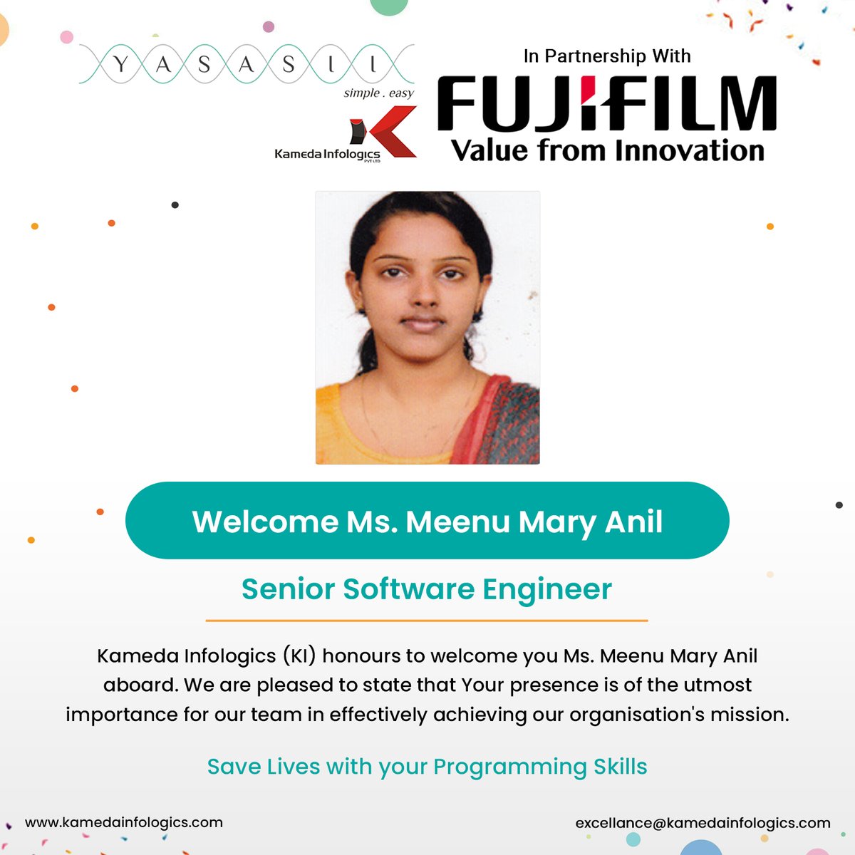 Welcome to the Kameda Family! 🌟 We are thrilled to introduce our newest team members who have joined us on this exciting journey. 👋 Join us in extending a warm welcome to Ms. Meenu Mary Anil!🎉#newhires #welcomeaboard #teamworkmakesthedreamwork