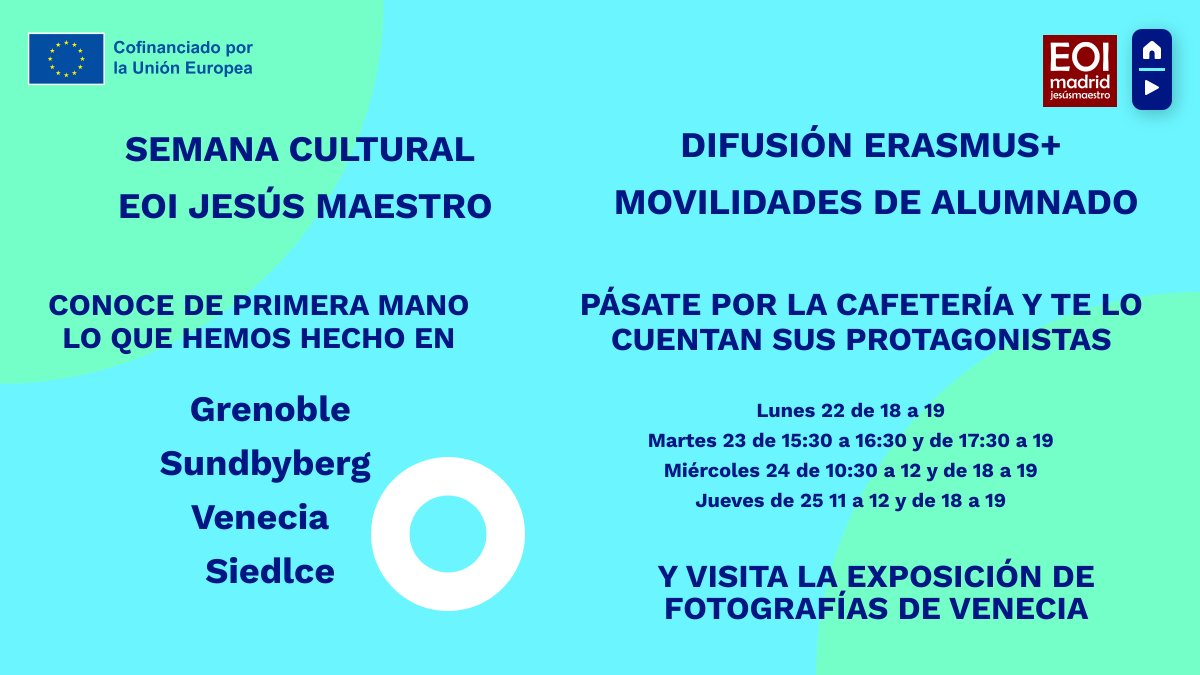 ¿Te interesan las movilidades de alumnado?
Difusión #ErasmusPlus en la #semanacultural de @EOIjesusmaestro 
Conoce de primera mano lo que hemos hecho en 
🌐Grenoble 🇫🇷
🌐Sundbyberg 🇸🇪
🌐Venecia 🇮🇹
🌐Siedlce 🇵🇱
Pásate por la cafetería y te lo cuentan sus protagonistas ⤵️⤵️