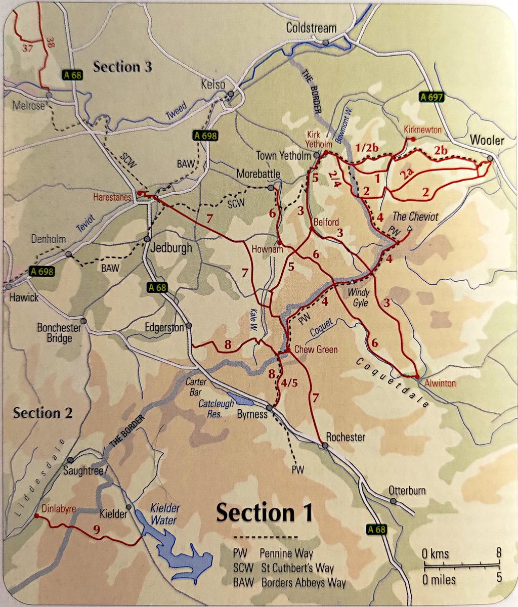 Section 1 of #ScottishHillTracks is the Cheviot Hills. Our book describes a selection of historic cross-border routes linking Northumberland and the Borders. 🧵 1/7 🗺️ from 2011 edition by David Langworth, base mapping © Collins Bartholomew