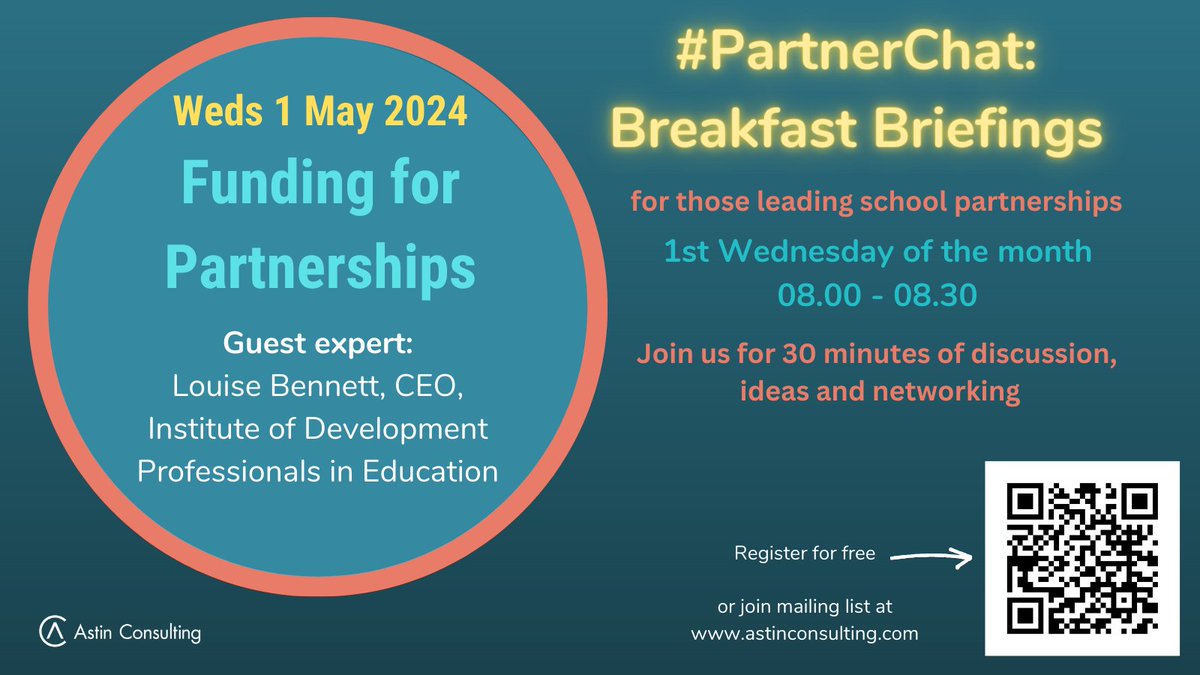 ChristinaAstin's tweet photo. #PartnerChat Breakfast Briefing next week is on tips for #funding #partnerships. All who lead partnerships between schools are warmly welcome.
Weds 1st May 08.00 - 08.30
Register by 6pm Tuesday
https://t.co/BqzoWCCJ86
@IDPE_Europe
@SchoolPAlliance
@ISC_schools @CharteredColl https://t.co/Tv1JkT5AWv