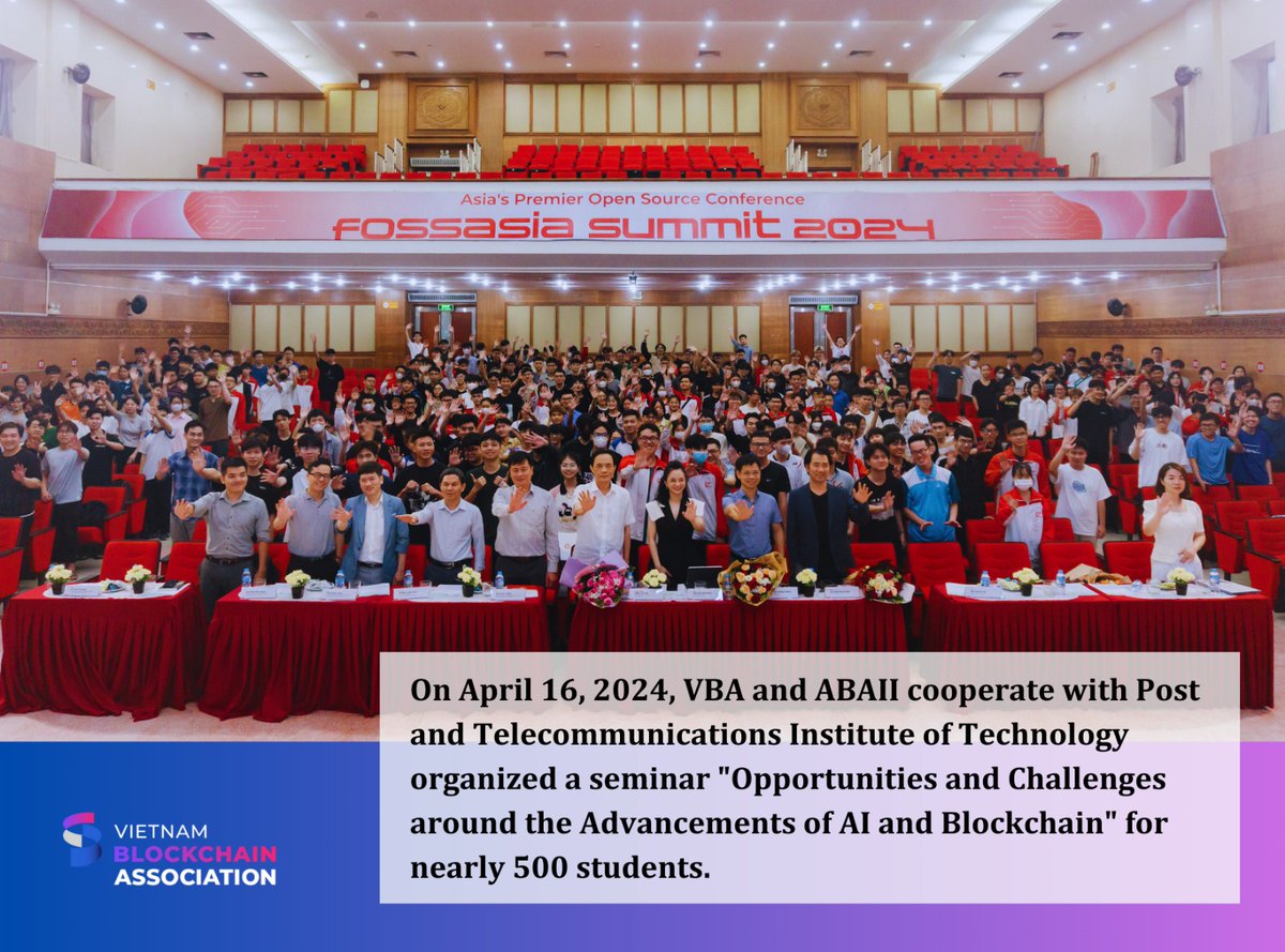 VietnamVBA's tweet photo. On April 16, 2024, VBA and ABAII organized Unitour#5 that sharing about the opportunities and challenges surrounding the advancements of AI and Blockchain for nearly 500 students of the Posts and Telecommunications Institute of Technology.
#VBA #ABAII #Unitour5 https://t.co/c0aTc7PXK3