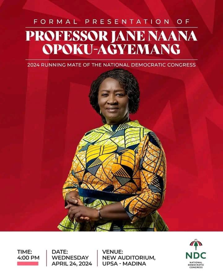 Prof Naana Jane Opoku Agyemang will be outdoored this Wednesday 

#PerfectCombi
#Together4Change2024
#Mahama24HourEconomy
#LetsBuildGhanaTogether