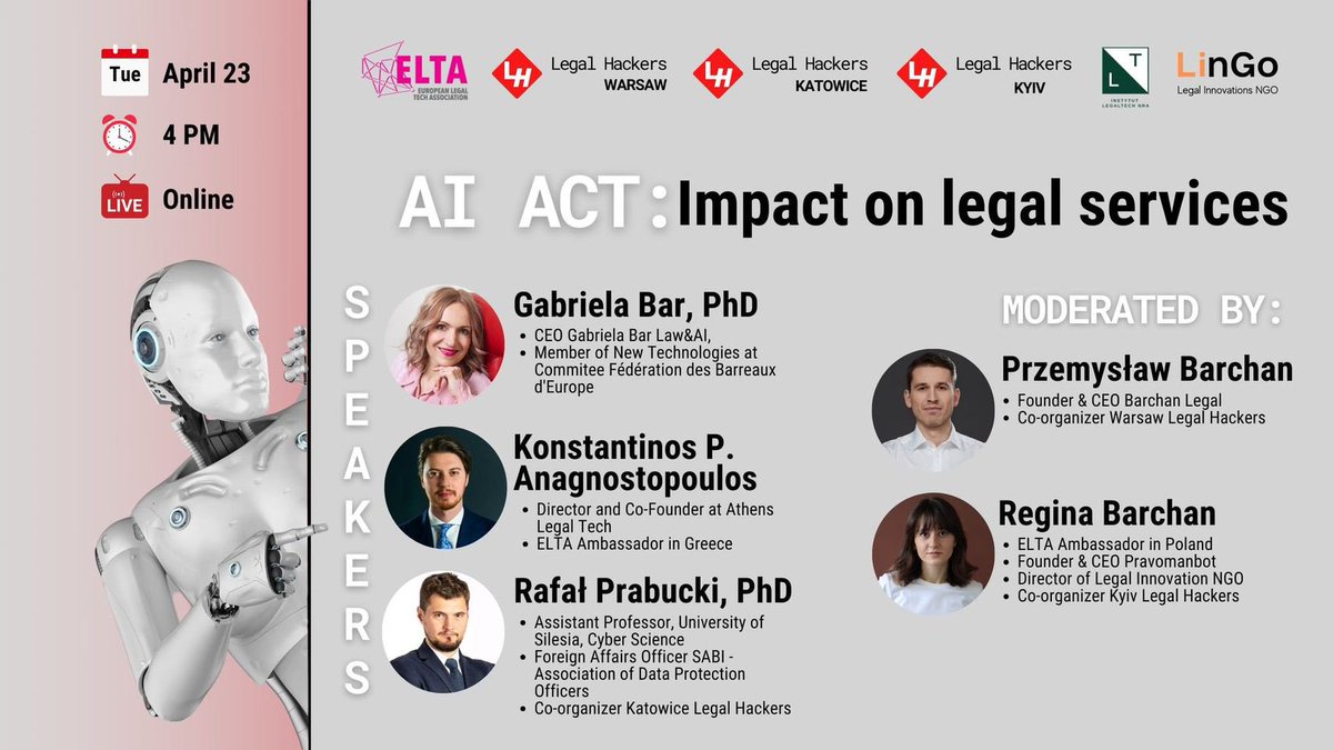 LinGO and @kyivlegalhack invite you to the event 'AI Act: Impact on legal services'. ⏰When: Tuesday, April 23, 17:00 Kyiv time 📍Where: online, live on YouTube (link to the broadcast: bit.ly/3w4DuiI) 🇬🇧Language: English 🔏Registration: bit.ly/3UrqvAJ