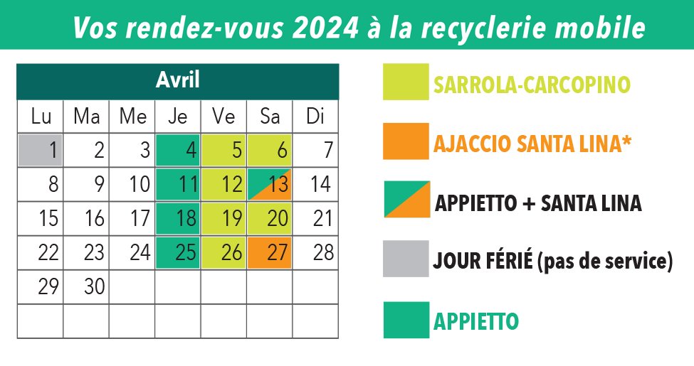 🚛Vos RDV 2024 pour la Recyclerie Mobile @Le_SYVADEC ! ♻️Appietto ,Lieu-dit Rosa Linstinconu Jeudi 25 avril de 9h à 12h ♻️ @DeSarrola ,Gare de Mezzana Vendredi 26 de 9h à 12h ♻️ @VilledAjaccio ,Santa Lina Samedi 27 avril de 8h à 12h + d'infos : urlz.fr/oaR0