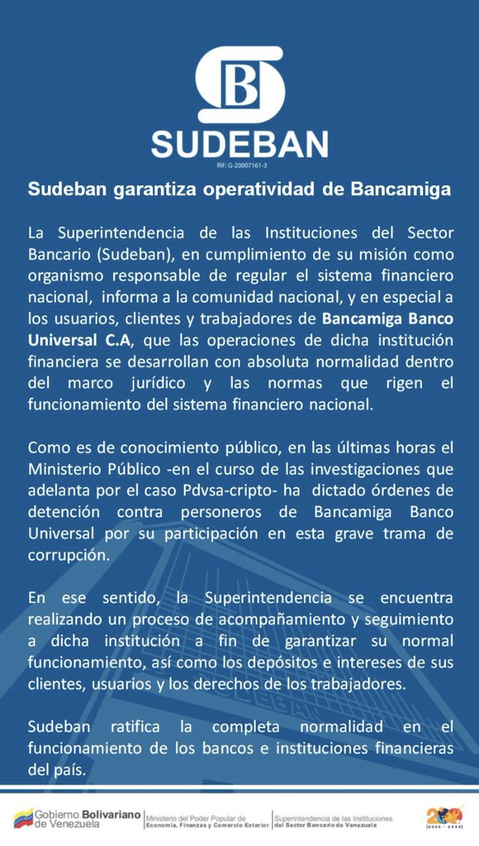 #ÚltimoMinuto| SUDEBAN, Superintendencia del Sector Bancario informa a la comunidad nacional y especialmente a los usuarios, clientes y trabajadores de Bancamiga que las operaciones del Banco se desarrollan con absoluta normalidad. Así mismo en el comunicado dijo SUDEBAN que