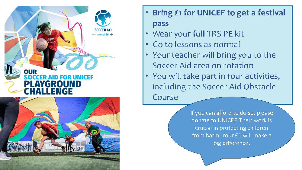 One week to go until our Soccer Aid Playground Challenge! Dont forget to buy your vouchers on the dates specified and make sure to wear your TRS PE kit on the day!