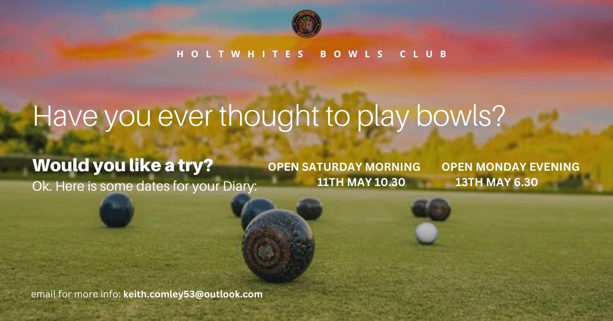 Discover outdoor bowls with Holtwhites Bowls Club! From April to October, join us for a thrilling experience on the greens. Try it out on May 11th or May 13th! For more info and reservations contact Keith.comley53@outlook.com #HoltwhitesBowlsClub #OutdoorBowls #ActiveEnfield