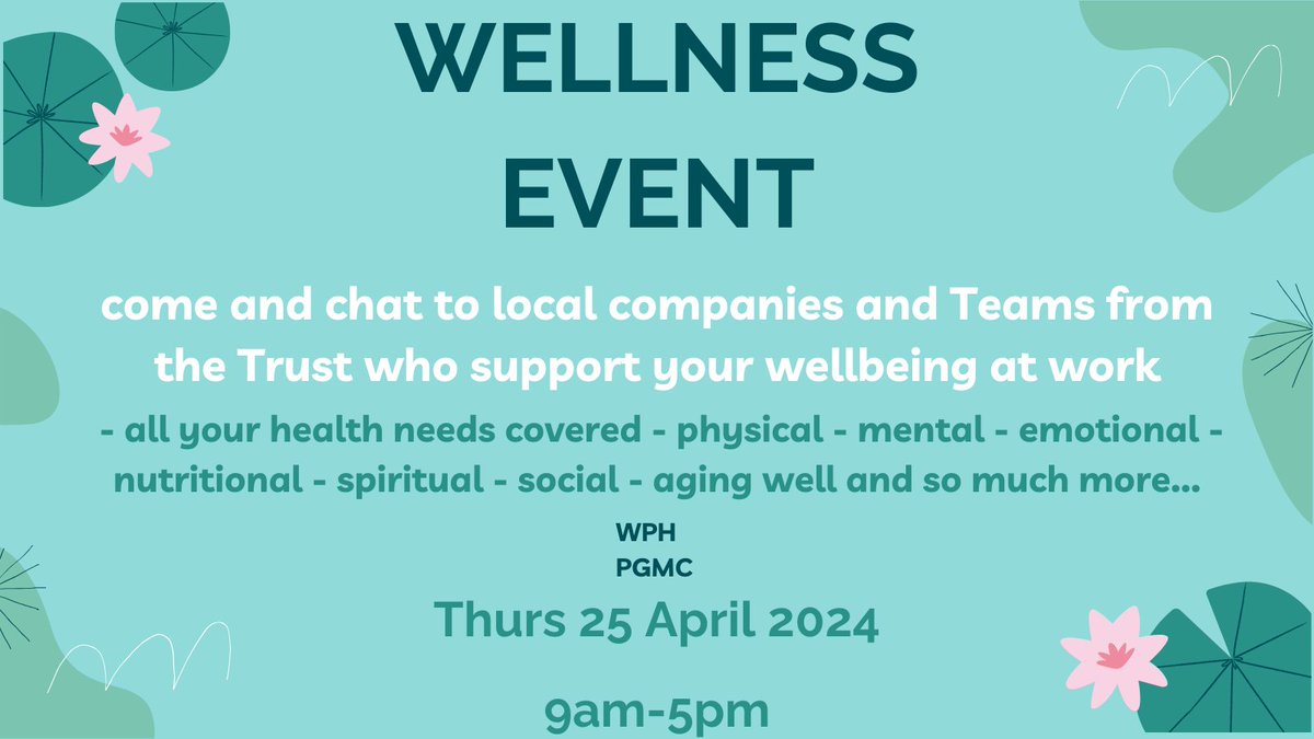Come and join our Wellness Event at Wexham Park @FrimleyHealth in the PGMC on Thursday! 😀

There will be lots to see and do - come and find out what's available to help you with your #wellbeing at work😌
See more details in the image below

@FHFT_OT @clinedFHFT @FHealthCharity