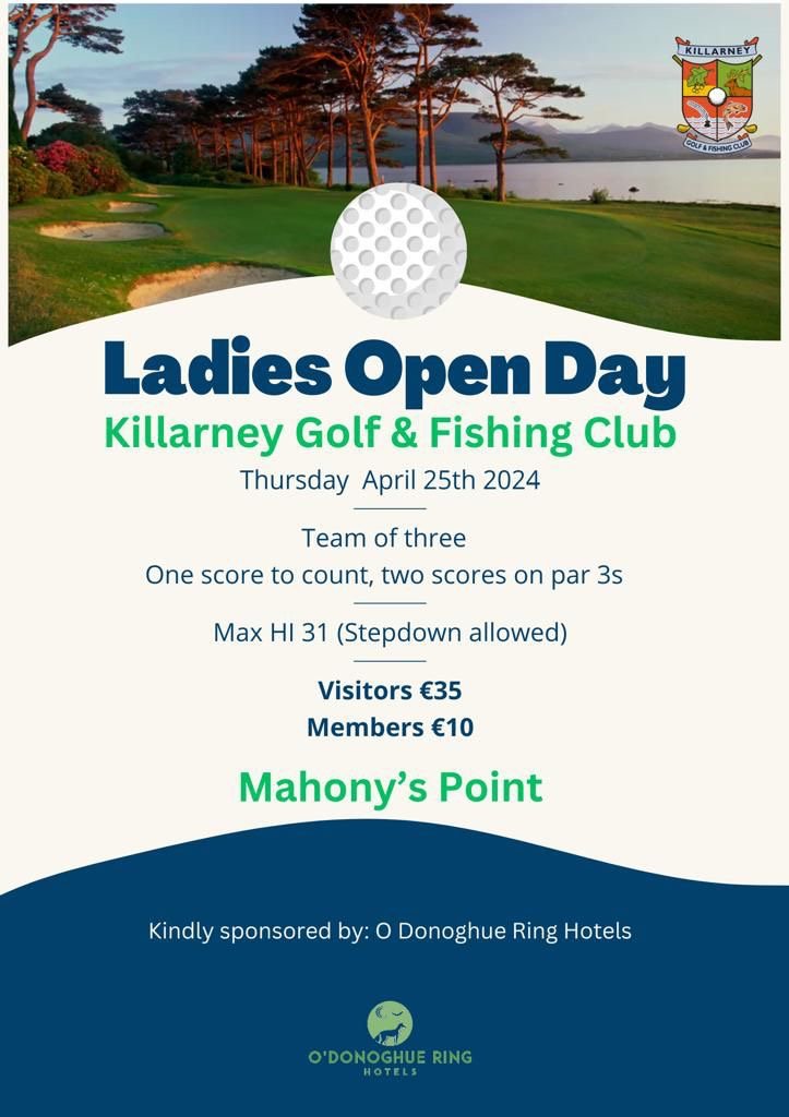 LAST CHANCE LADIES !! April 25th Open Day, Ladies team of 3. Times still available 9:10,9:20,10 & 11:40
Don't miss out book today .  #opengolf #ladiesgolf #golfkillarney