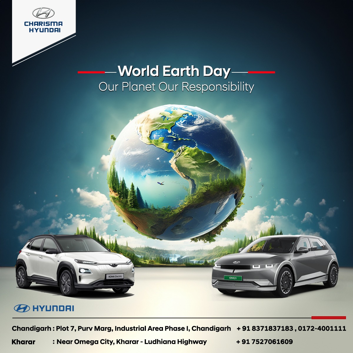 Let's join hands in a pledge to protect Mother Earth by taking small yet meaningful actions. Together, we can create a positive impact. Happy Earth Day!  #charismahyundai #hyundai #WorldEarthDay #ProtectOurPlanet #SustainableLiving #chandigarh #kharar