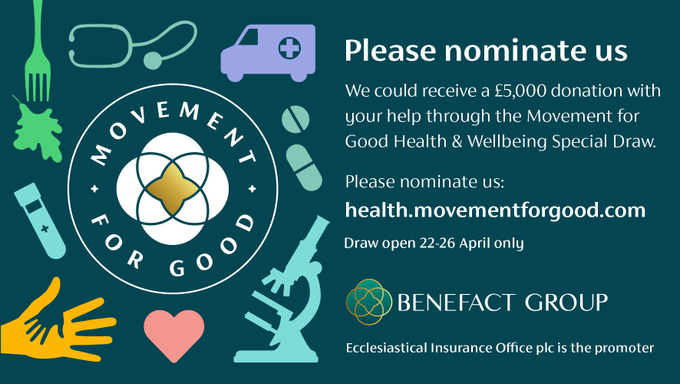 Please take 2 minutes this week to nominate us in the @benefactgroup Movement for Good “Health and Wellbeing” special draw. We could win £5,000 of funding – but be quick, voting closes on Friday 26th April. health.movementforgood.com/index.php?cn=5…