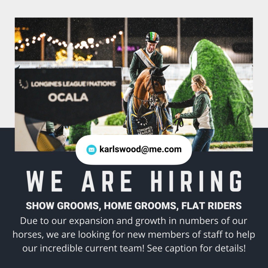 • Home Groom Positions • ⁠Show Groom Positions • ⁠Flat Riding Positions We offer accommodation, competitive salary and travel opportunities to shows of all levels across the world. Reach out for more information at: Karlswood@me.com +353 871256838