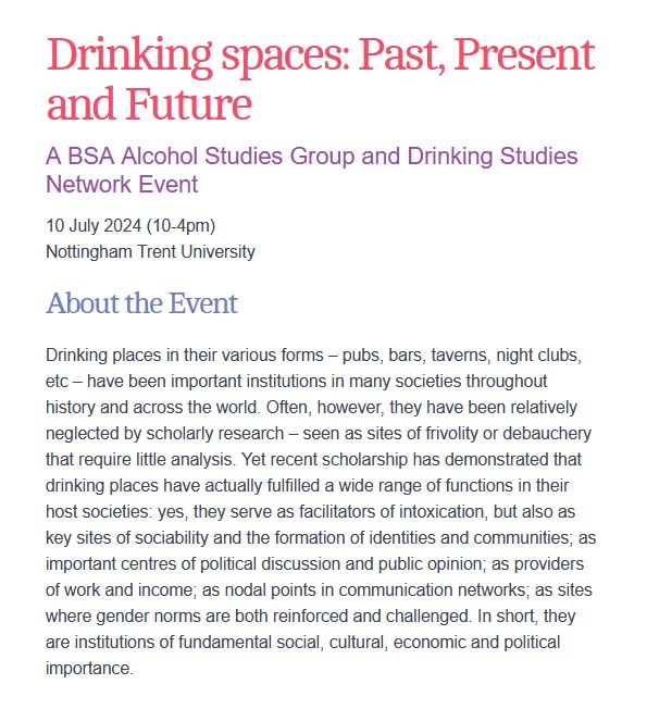Call for abstracts by 30 May for ‘Drinking spaces: Past, Present and Future’, a @bsa_alcohol and Drinking Studies Network event on 10 July, Nottingham Trent University tinyurl.com/yhv5kb3k #sociology #cfp