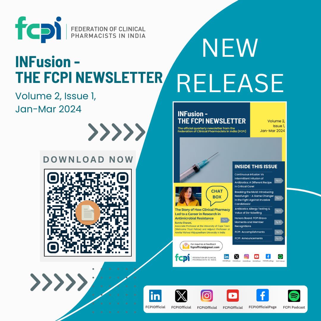 🎺 🔊 NEW LOOK and another Exciting Release by the Federation of Clinical Pharmacists in India FCPIOfficial 🥉 📰 📢 We are pleased to release the 3rd issue (Jan-Mar 2024 issue) of 🔹'INFusion - THE FCPI NEWSLETTER.'🔹 drive.google.com/file/d/1r9cP09…