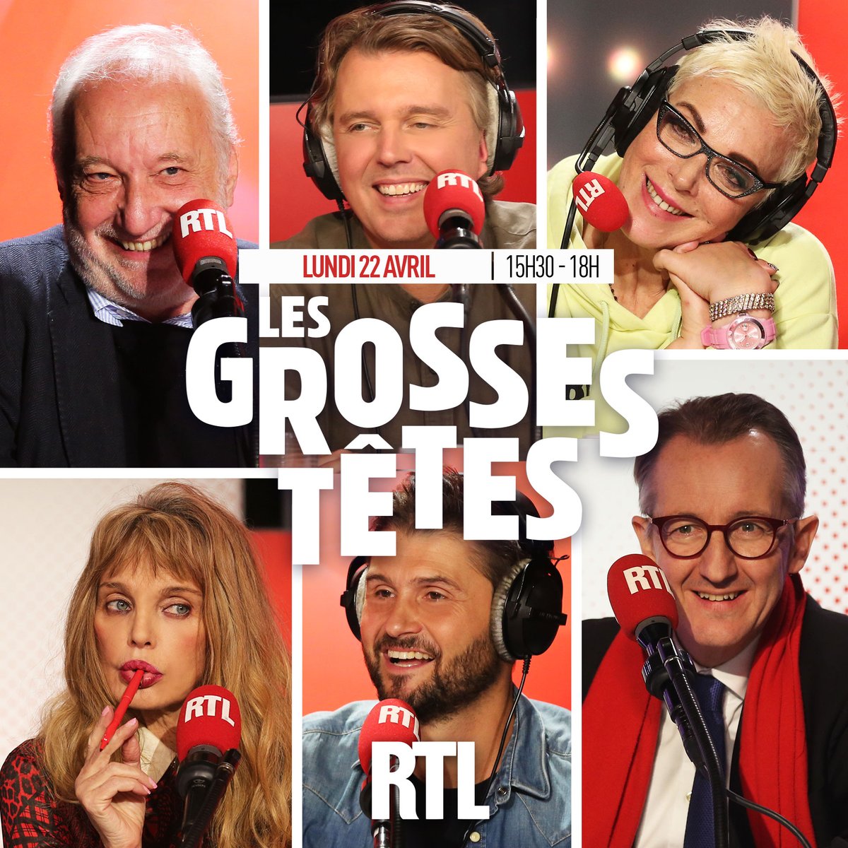 Bonjour à tous ! Découvrez Les Grosses Têtes de ce lundi 22 avril. Autour de @ruquierofficiel aujourd'hui :
😂 @alexvizorek 
🇦🇷 #MarcelaIacub
🎙️ @Tof_Beaugrand 
🎞️ @ArielleDombasle 
📰 @C_Barbier 
🎬 #FrançoisBerléand
📻 Coup d'envoi de l'émission 👉 15h30 sur RTL