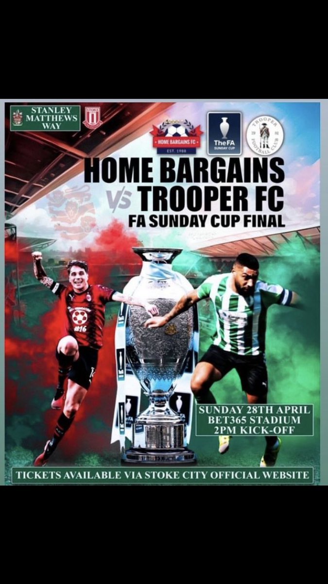If you haven't yet got your tickets for this Sundays @FASunday_Cup Final @stokecity, make sure you get them this week as it's not pay on the gate Easiest way is phone 01782367598 between 9am and 5pm.Block16 or 17 Tickets are £6 each. Let's get behind the lads. @EnglandFootball