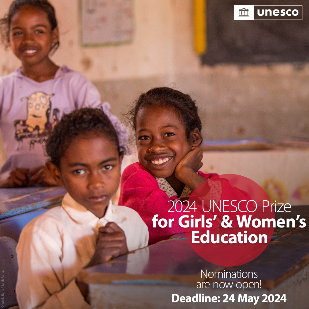 🟣 Are you championing girls’ & women’s education in your community? The 2024 UNESCO Prize for Girls’ & Women’s Education is open for nominations! You could win USD 50,000 to further your work! Deadline: 24 May. Check it out! unesco.org/en/articles/un…