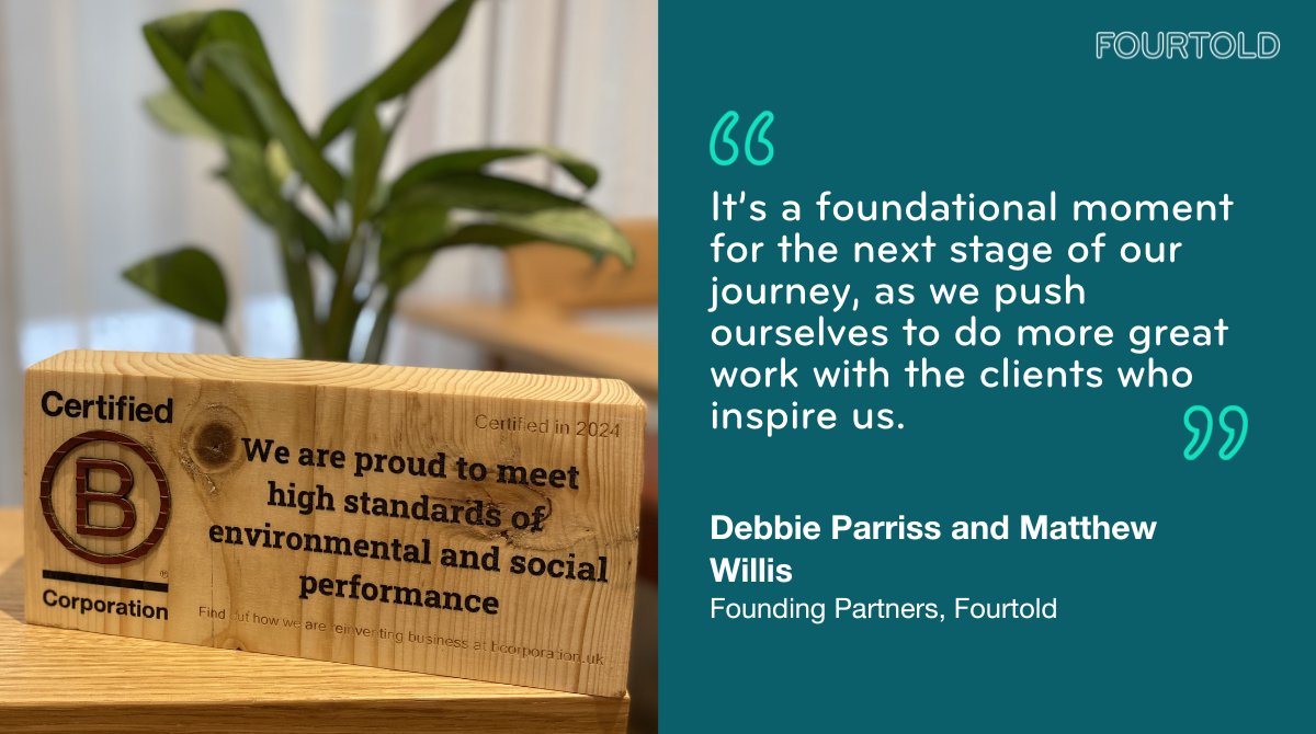 It's #EarthDay2024, so a great time to announce that...

Fourtold is now B Corp certified! 

Here are our Founding Partners <a href="/debbieparriss/">Debbie Parriss</a> &amp; <a href="/ftwillis/">Matthew Willis</a> on why certification is an important moment for Fourtold - and the beginning of a exciting, new journey.

linkedin.com/pulse/fourtold…