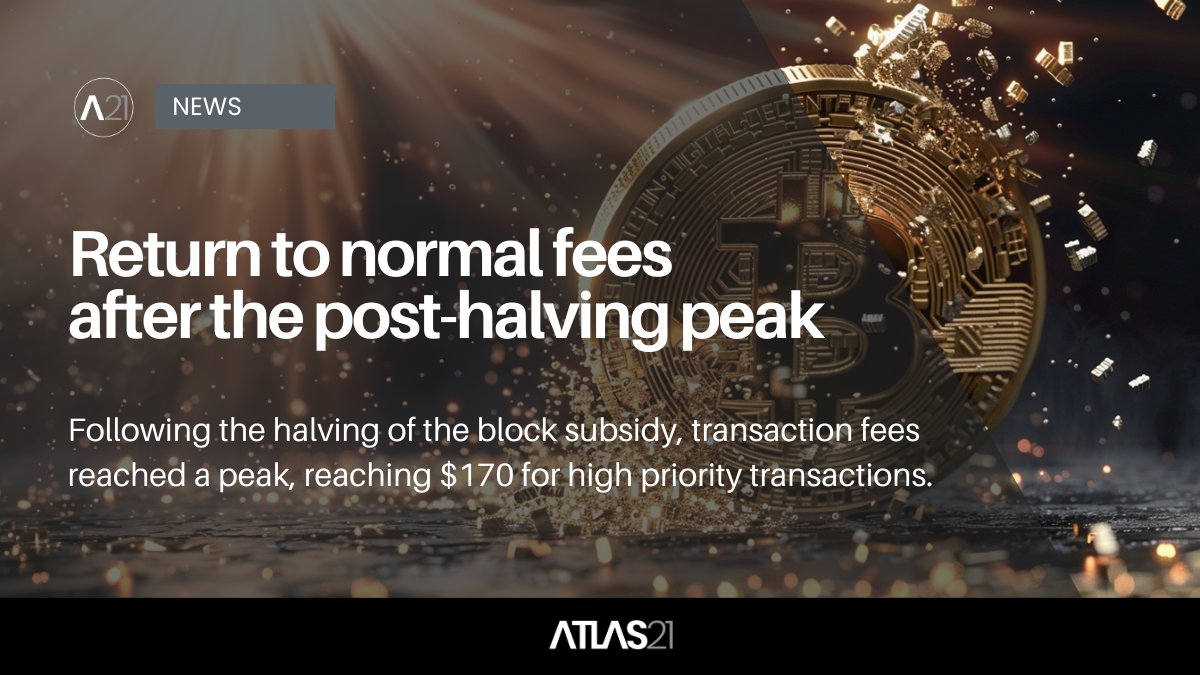 BITCOIN - Return to normal fees after the post-halving peak On April 20, in the hours following the halving, the average transaction fee reached a peak of $127.97, only to decrease the following day. This spike was mainly caused by the launch of Runes, a protocol for issuing…