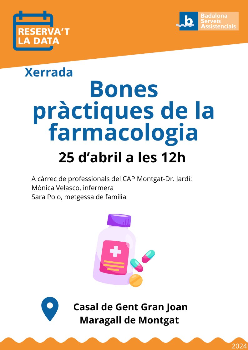 📢 Aquest dijous 25 d'abril, al Casal de Gent Gran Joan Maragall de #Montgat, xerrada sobre el bon ús dels medicaments 💊. A càrrec d'una infermera i una metgessa de Família del #CAPMontgatDrJardí. A les 12 hores. Us hi esperem!