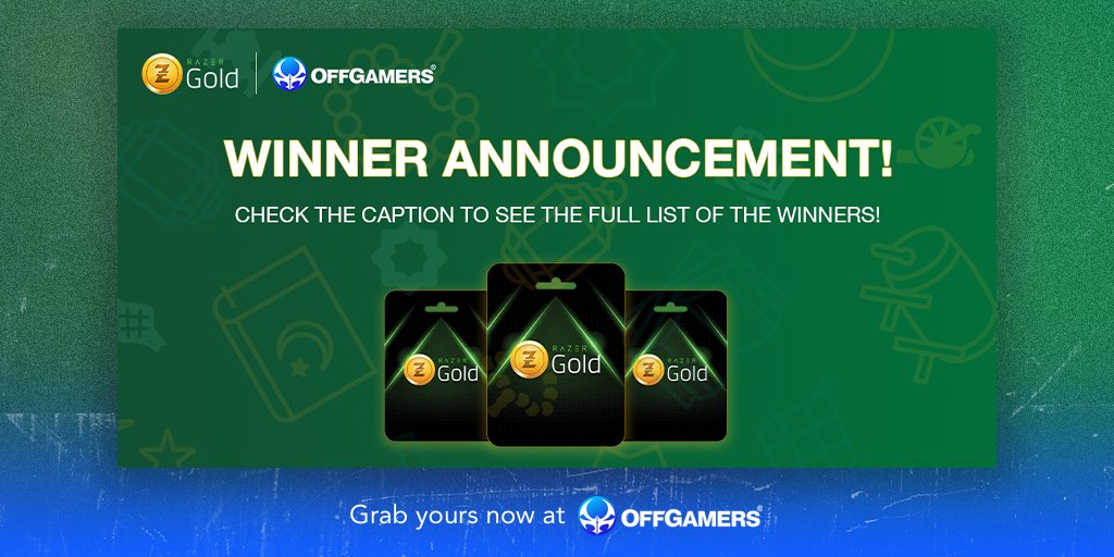 Razer Gold x OffGamers Giveaway Winner Announcement! 🏆 

Read the full winners list here: tinyurl.com/4c7jsj4h

#OffGamers #RazerGold #Razer #RazerGoldGiveaway #WinnerAnnouncement #giveaway #winner #rayafiesta