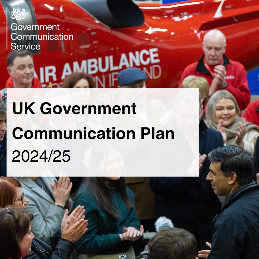 Today we launch our annual Government Communication Plan. It outlines how communicators across government will support the Prime Minister’s priorities in 2024/25. ➡️…nication-plan.gcs.civilservice.gov.uk #GovernmentCommunicationService #GCS #GovernmentComms #UKGovComms