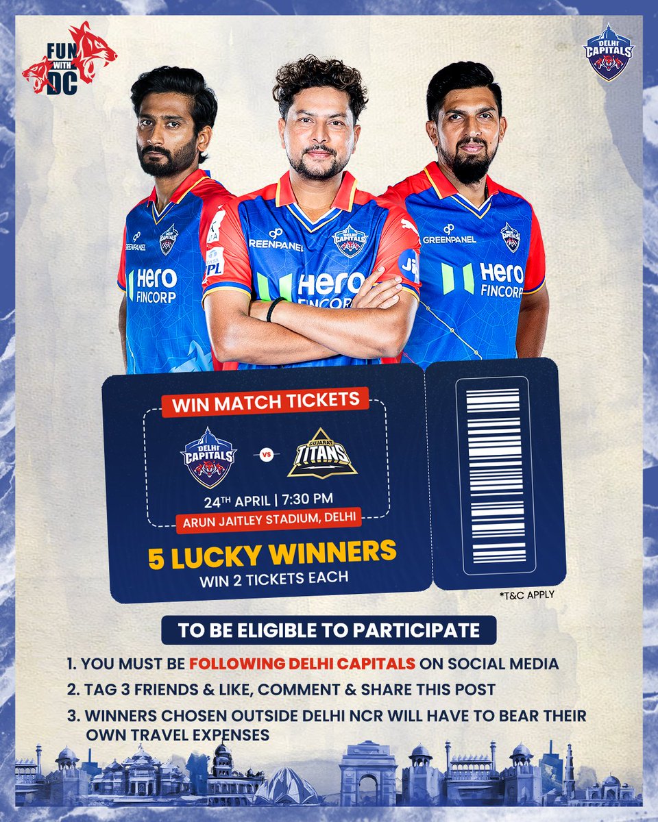 A chance to win FREE TICKETS and watch your Capitals at #QilaKotla for #DCvGT 😍 Participate now 💯